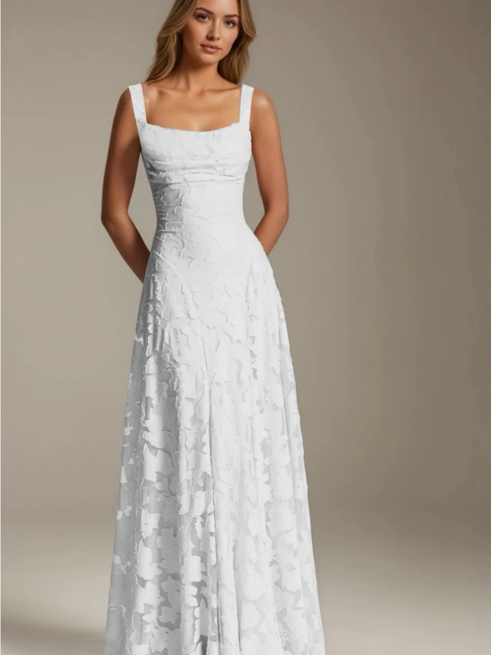 White Textured Square-Neck Maxi Dress - Elegant Women’s Occasion Dress